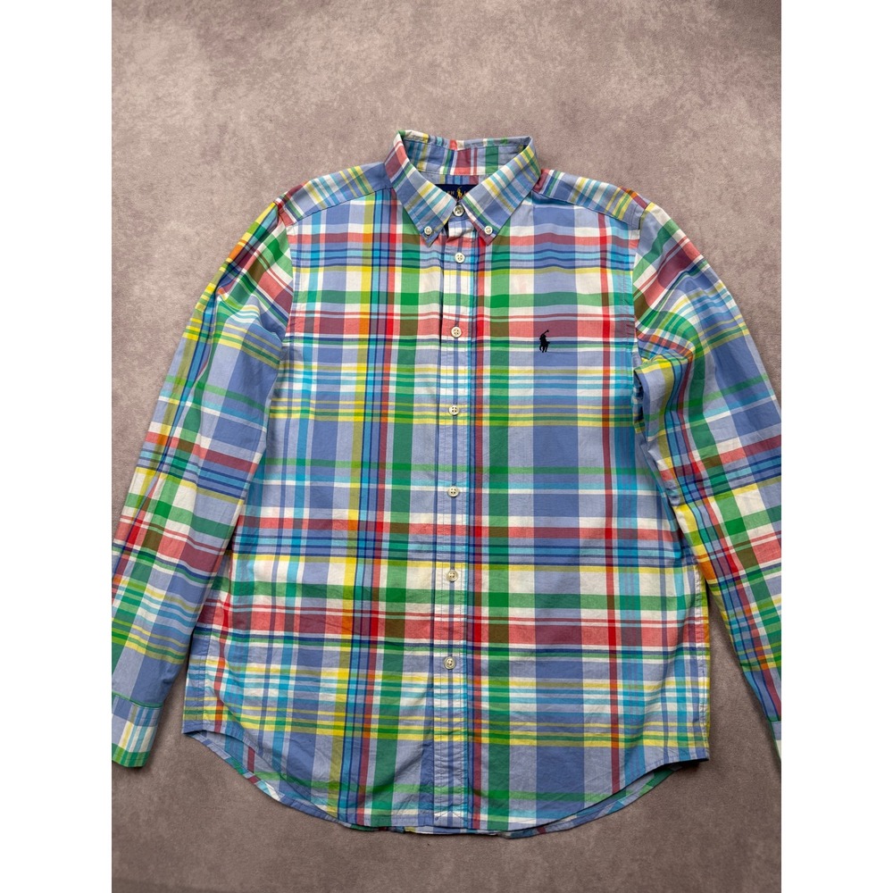 Ralph Lauren Boys L 14-16 Multicolor Plaid Madras Button Down Shirt Stretch Prep